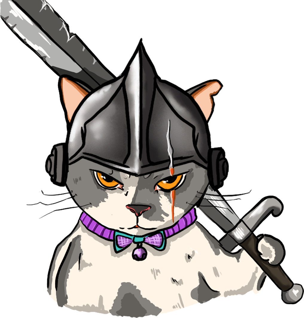Very Longsword Studio mascot — an armored cat carrying a longsword